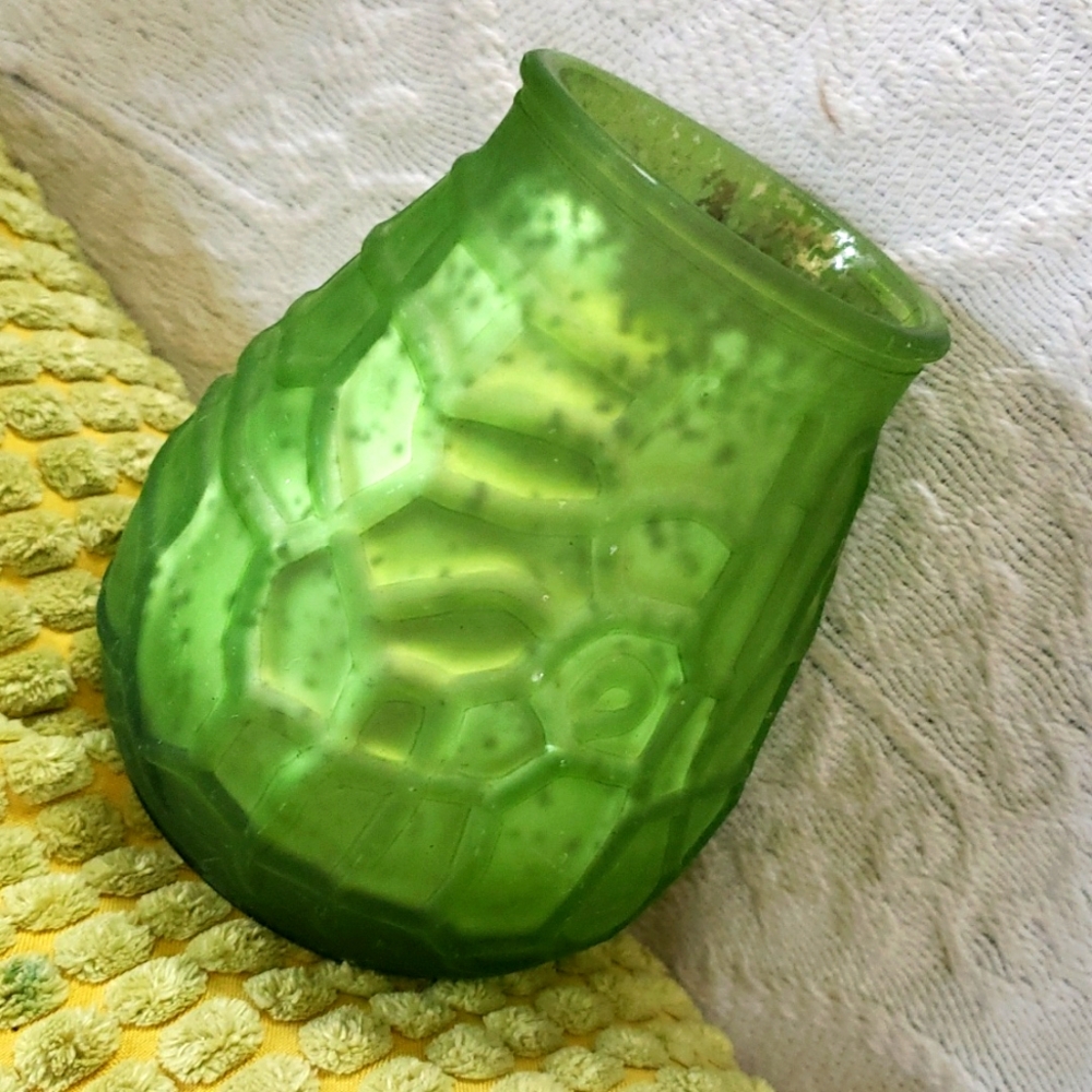 Green Art Glass Speckled Silver inside Textured Burton  Vase Vessel